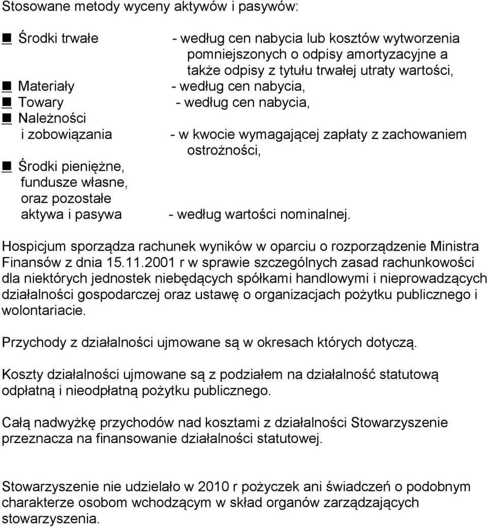 ostrożności, - według wartości nominalnej. Hospicjum sporządza rachunek wyników w oparciu o rozporządzenie Ministra Finansów z dnia 15.11.