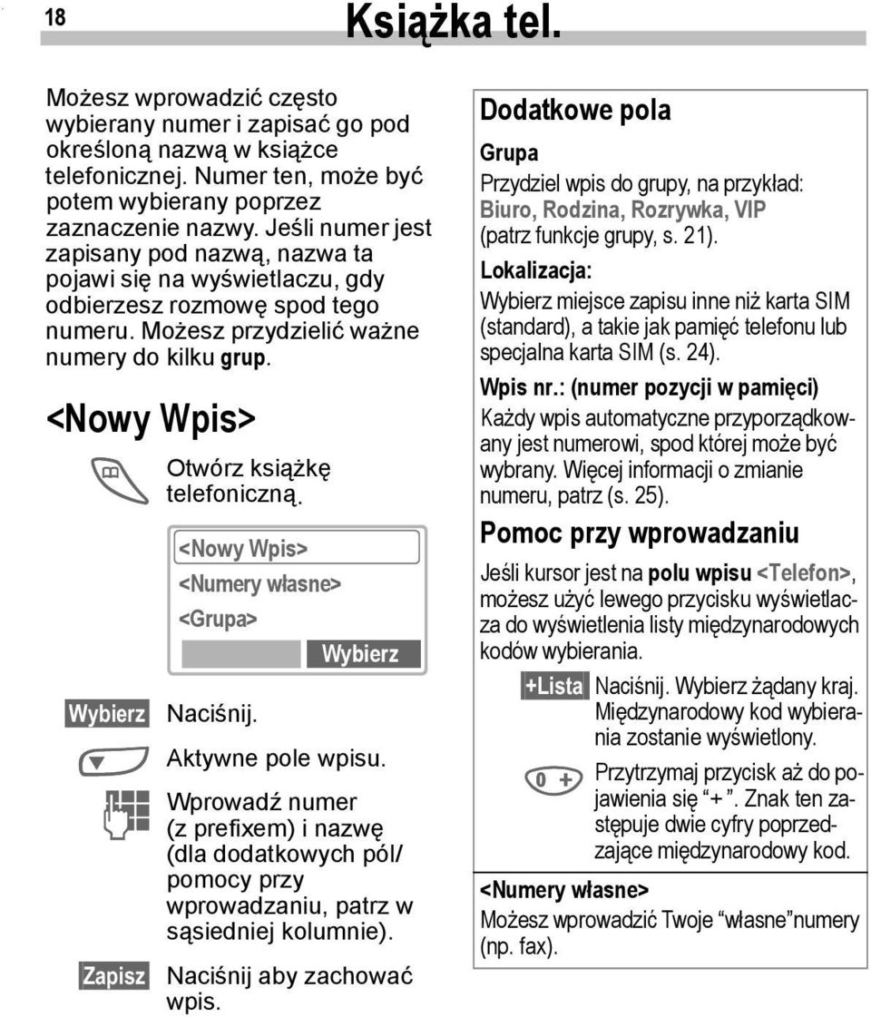 <Nowy Wpis> T Otwórz książkę telefoniczną. Wybierz Naciśnij. N J Zapisz <Nowy Wpis> <Numery własne> <Grupa> Wybierz Aktywne pole wpisu.