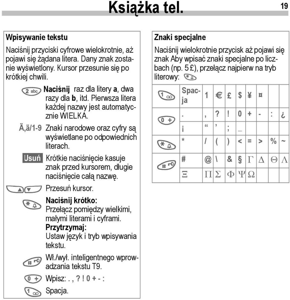 Usuń Krótkie naciśnięcie kasuje znak przed kursorem, długie naciśnięcie całą nazwę. MN Przesuń kursor. Naciśnij krótko: * Przełącz pomiędzy wielkimi, małymi literami i cyframi.