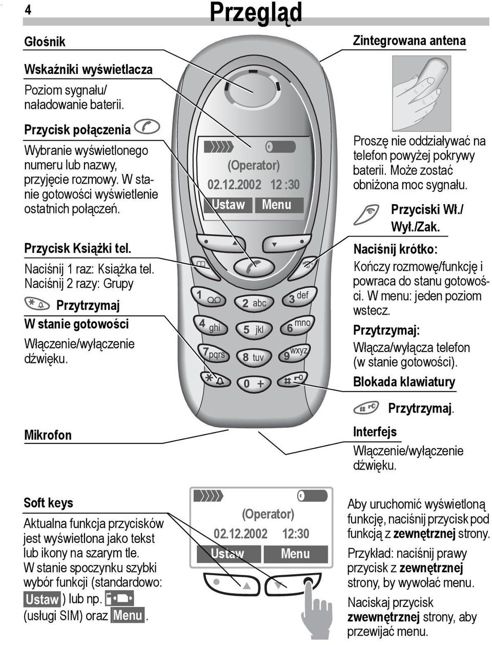 Mikrofon Soft keys Aktualna funkcja przycisków jest wyświetlona jako tekst lub ikony na szarym tle. W stanie spoczynku szybki wybór funkcji (standardowo: Ustaw ) lub np. p (usługi SIM) oraz Menu.