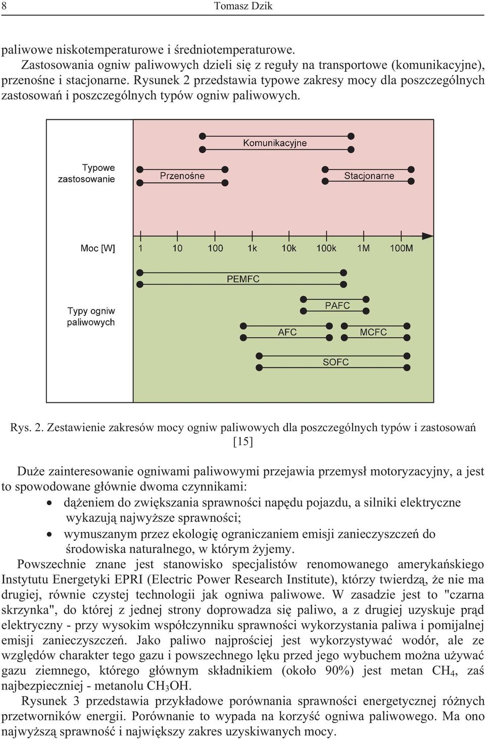 przedstawia typowe zakresy mocy dla poszczególnych zastosowa i poszczególnych typów ogniw paliwowych. Rys. 2.