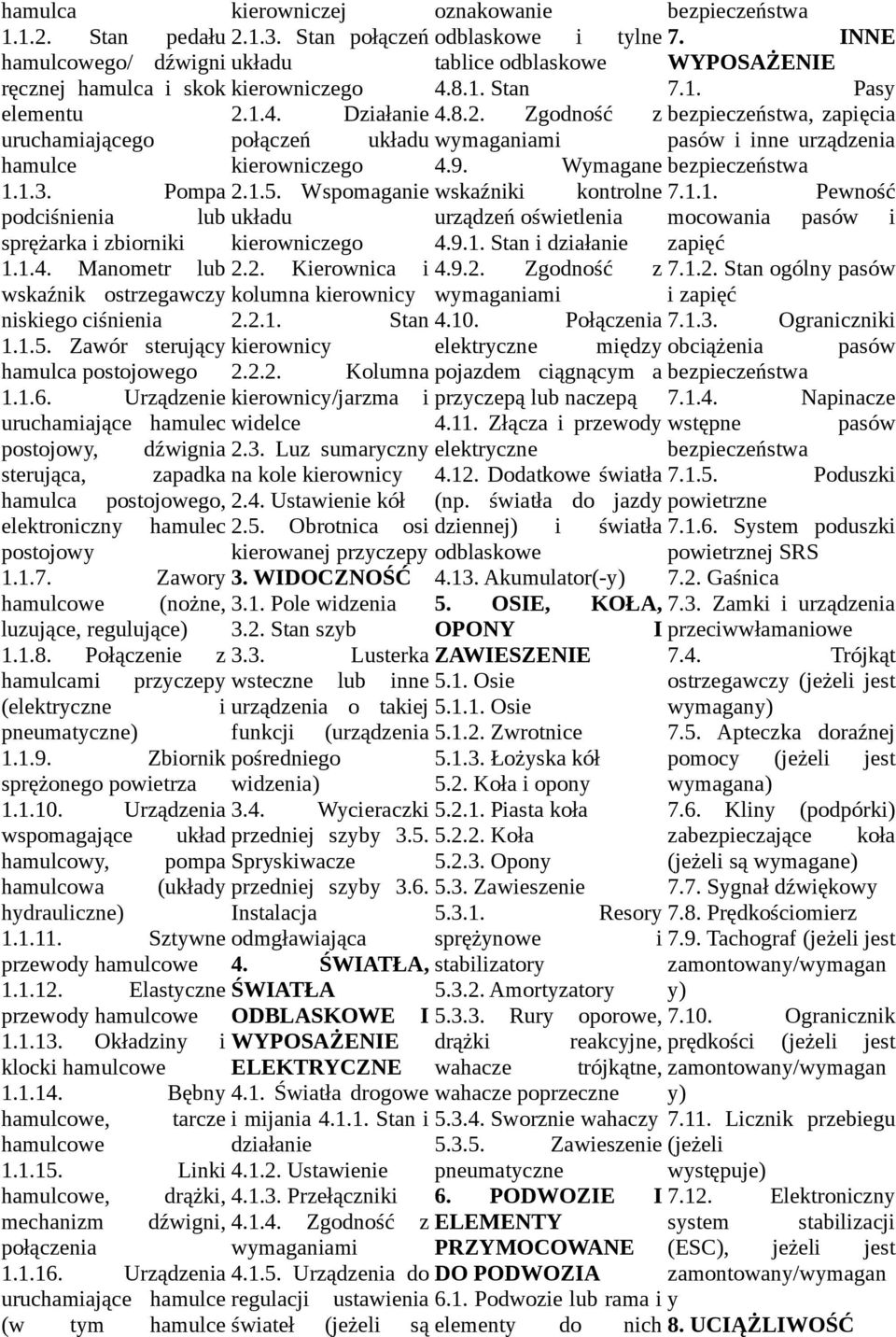 Urządzenie uruchamiające hamulec postojowy, dźwignia sterująca, zapadka hamulca postojowego, elektroniczny hamulec postojowy 1.1.7. Zawory hamulcowe (nożne, luzujące, regulujące) 1.1.8.