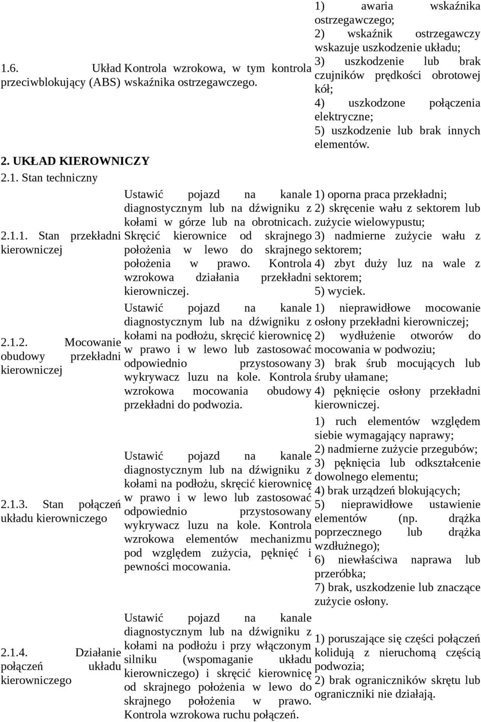 kół; 4) uszkodzone połączenia elektryczne; 5) uszkodzenie lub brak innych elementów. 2. UKŁAD KIEROWNICZY 2.1. Stan techniczny 2.1.1. Stan przekładni kierowniczej 2.1.2. Mocowanie obudowy przekładni kierowniczej 2.