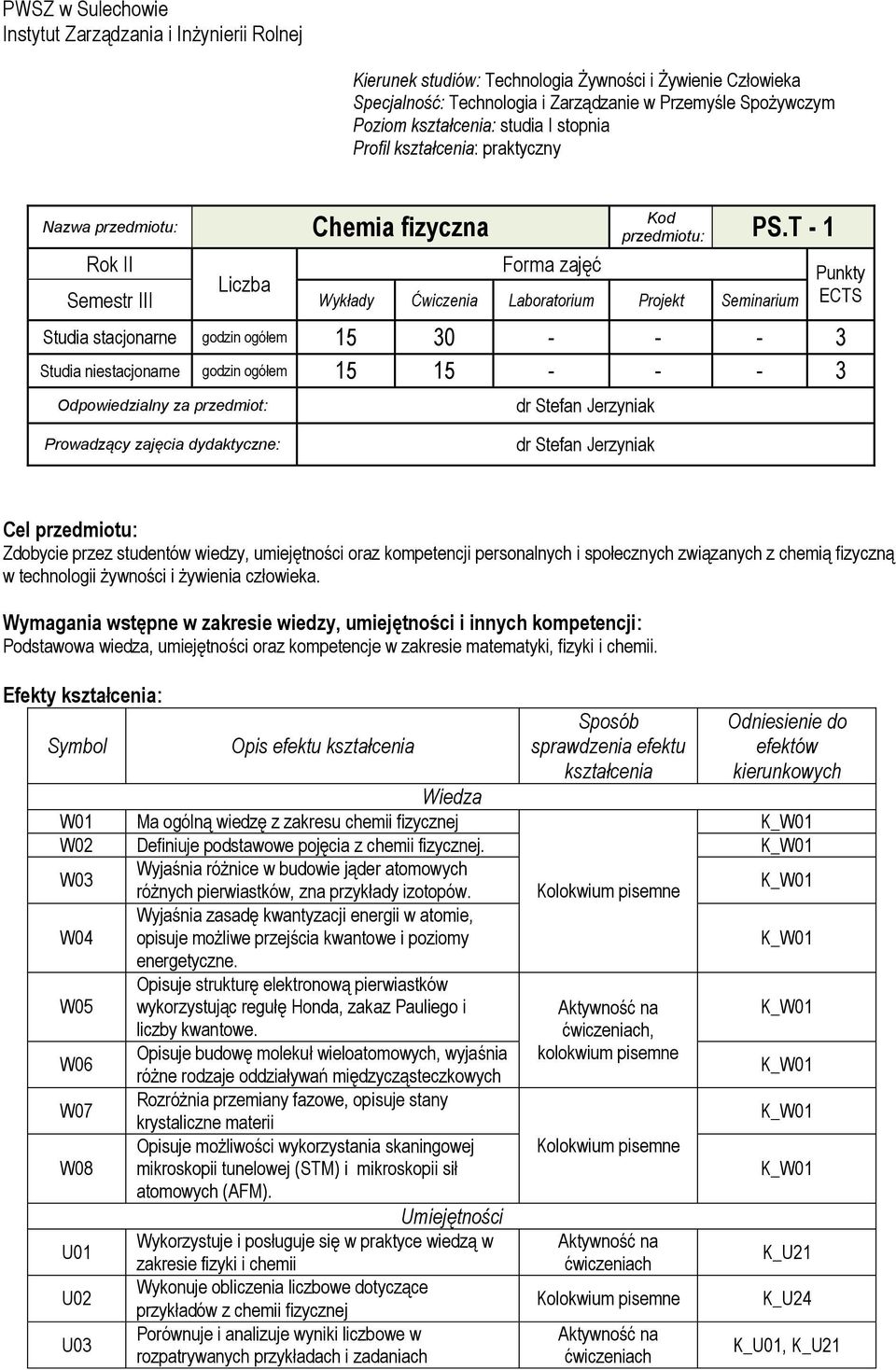 T - 1 Rok II Forma zajęć Liczba Semestr III Wykłady Ćwiczenia Laboratorium Projekt Seminarium Studia stacjonarne godzin ogółem 15 30 - - - 3 Studia niestacjonarne godzin ogółem 15 15 - - - 3