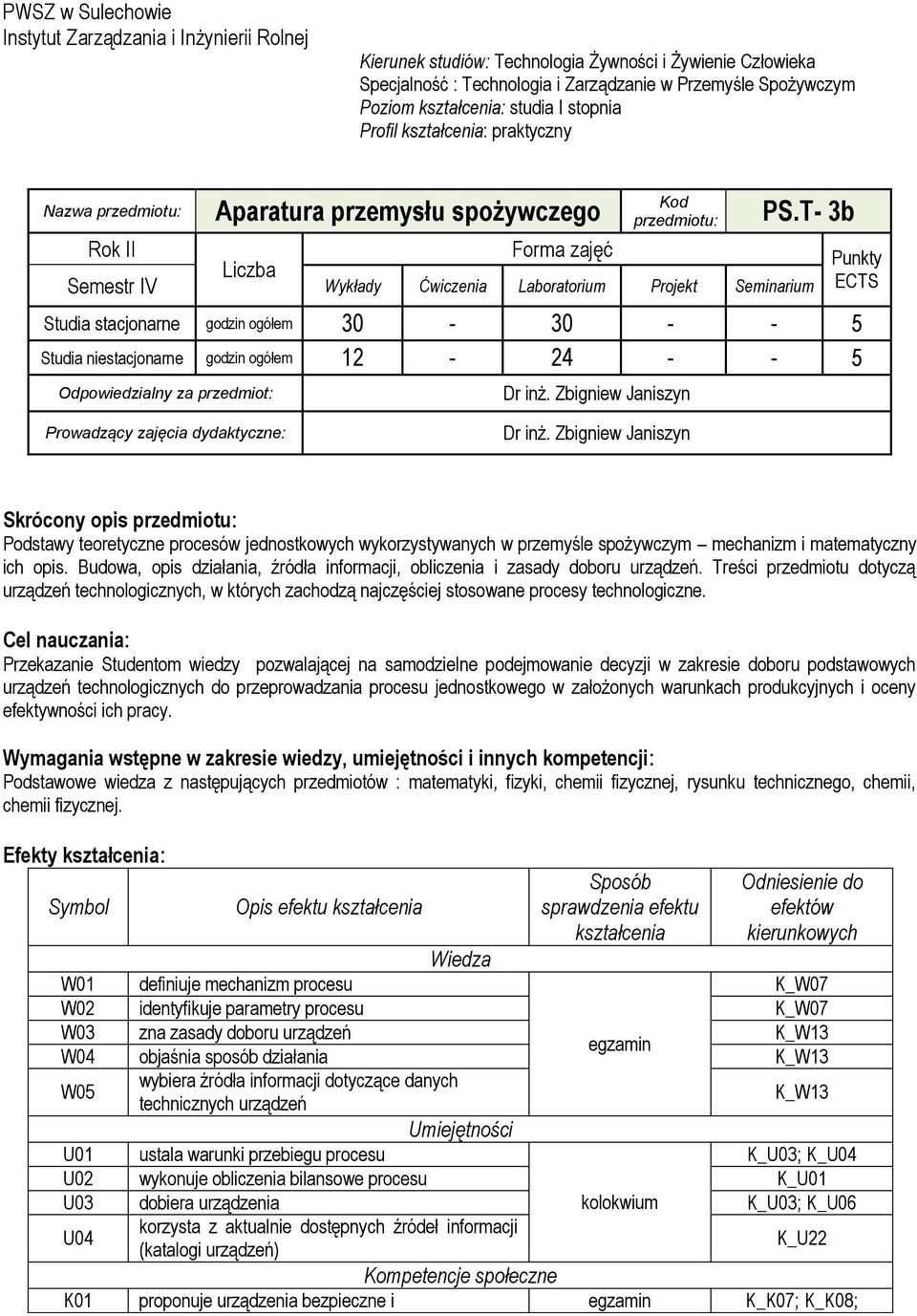 T- 3b Rok II Forma zajęć Liczba Semestr IV Wykłady Ćwiczenia Laboratorium Projekt Seminarium Studia stacjonarne godzin ogółem 30-30 - - 5 Studia niestacjonarne godzin ogółem 12-24 - - 5