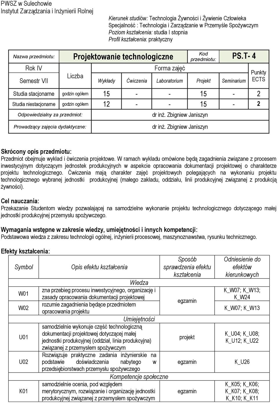 T- 4 Rok IV Forma zajęć Semestr VII Liczba Wykłady Ćwiczenia Laboratorium Projekt Seminarium Studia stacjonarne godzin ogółem 15 - - 15-2 Studia niestacjonarne godzin ogółem 12 - - 15-2