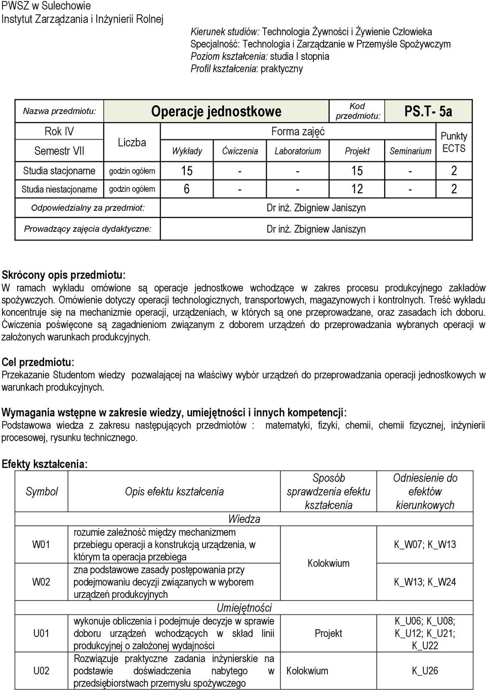 T- 5a Rok IV Forma zajęć Liczba Semestr VII Wykłady Ćwiczenia Laboratorium Projekt Seminarium Studia stacjonarne godzin ogółem 15 - - 15-2 Studia niestacjonarne godzin ogółem 6 - - 12-2