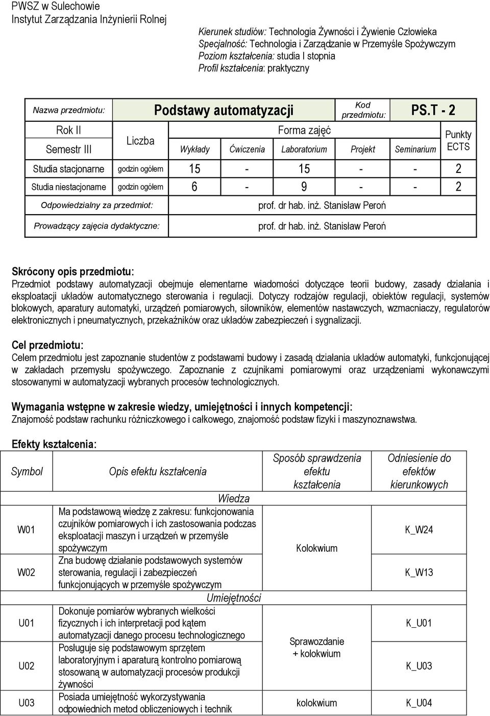 T - 2 Rok II Forma zajęć Liczba Semestr III Wykłady Ćwiczenia Laboratorium Projekt Seminarium Studia stacjonarne godzin ogółem 15-15 - - 2 Studia niestacjonarne godzin ogółem 6-9 - - 2 Odpowiedzialny