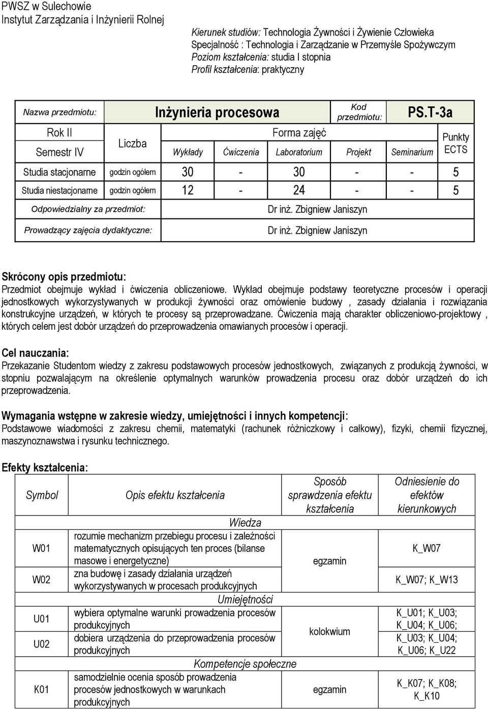 T-3a Rok II Forma zajęć Liczba Semestr IV Wykłady Ćwiczenia Laboratorium Projekt Seminarium Studia stacjonarne godzin ogółem 30-30 - - 5 Studia niestacjonarne godzin ogółem 12-24 - - 5 Odpowiedzialny