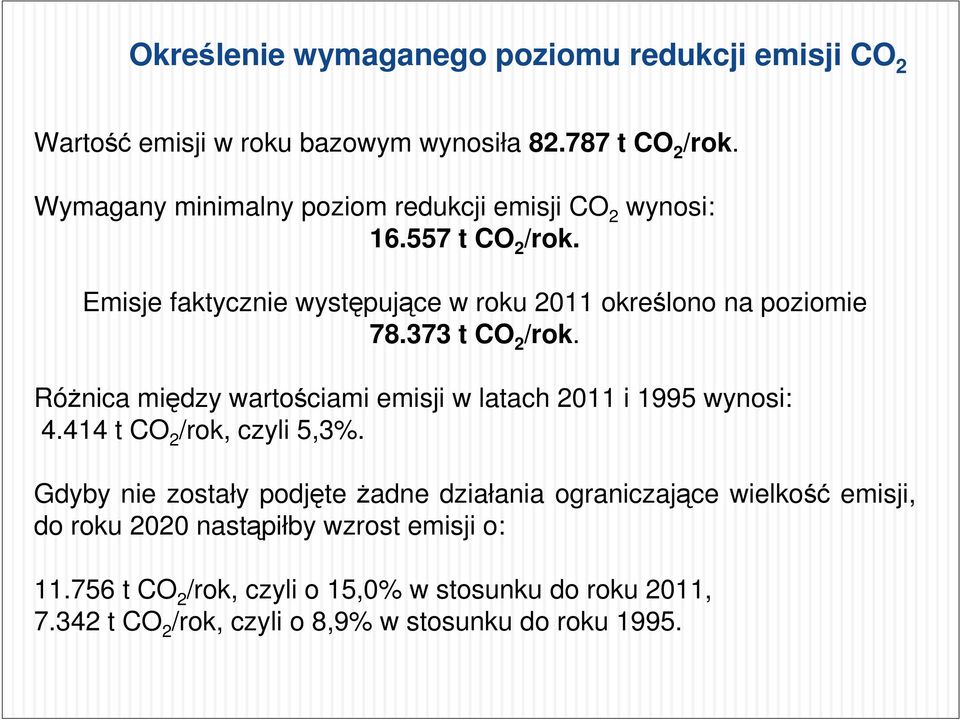373 t CO 2 /rok. Różnica między wartościami emisji w latach 2011 i 1995 wynosi: 4.414 t CO 2 /rok, czyli 5,3%.