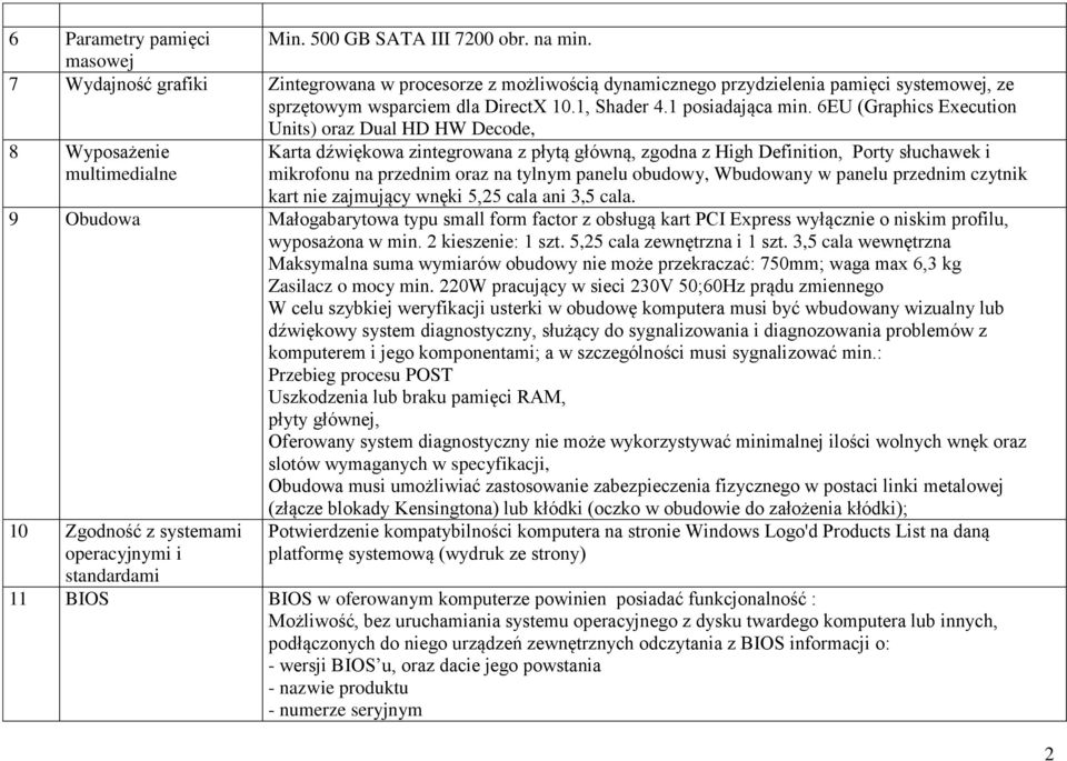 6EU (Graphics Execution Units) oraz Dual HD HW Decode, 8 Wyposażenie multimedialne Karta dźwiękowa zintegrowana z płytą główną, zgodna z High Definition, Porty słuchawek i mikrofonu na przednim oraz