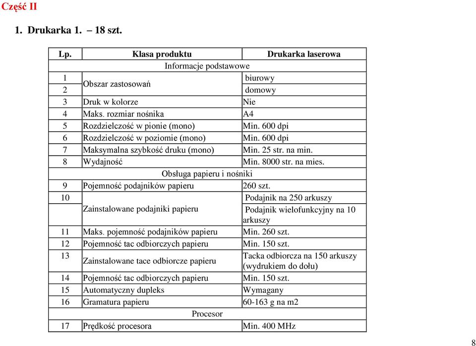 na mies. Obsługa papieru i nośniki 9 Pojemność podajników papieru 260 szt. 10 Zainstalowane podajniki papieru Podajnik na 250 arkuszy Podajnik wielofunkcyjny na 10 arkuszy 11 Maks.