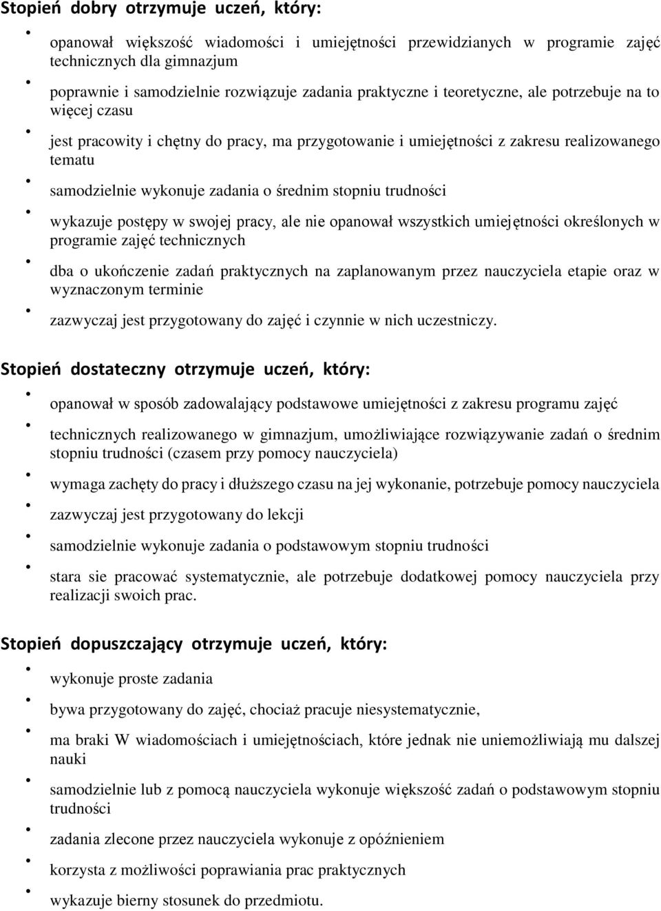 trudności wykazuje postępy w swojej pracy, ale nie opanował wszystkich umiejętności określonych w programie zajęć technicznych dba o ukończenie zadań praktycznych na zaplanowanym przez nauczyciela