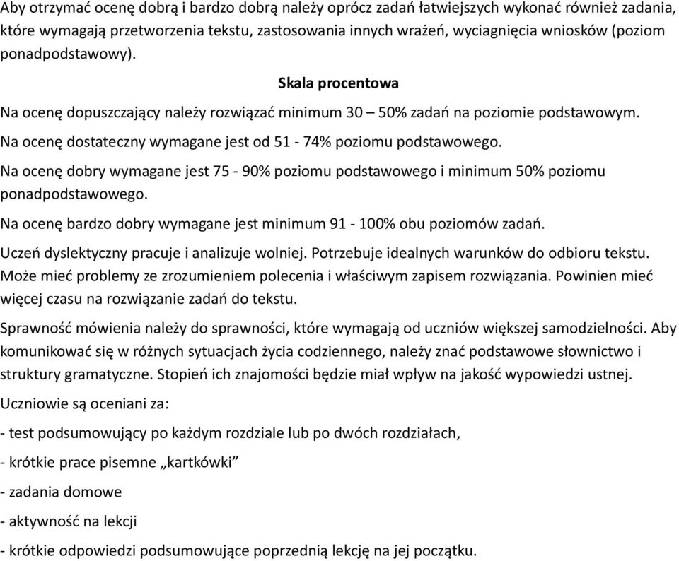 Na ocenę dobry wymagane jest 75-90% poziomu podstawowego i minimum 50% poziomu ponadpodstawowego. Na ocenę bardzo dobry wymagane jest minimum 91-100% obu poziomów zadań.