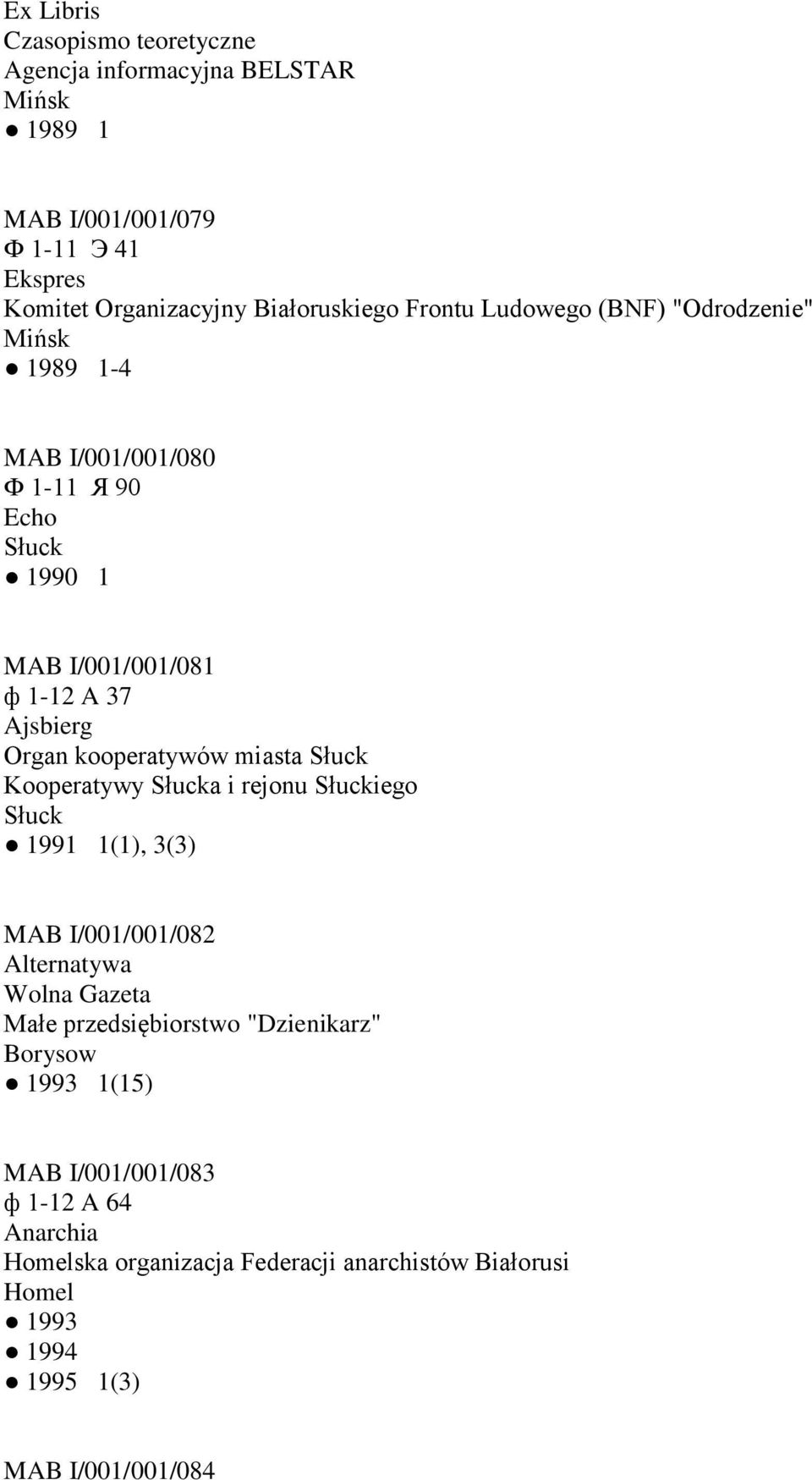 Słuck Kooperatywy Słucka i rejonu Słuckiego Słuck 1991 1(1), 3(3) MAB I/001/001/082 Alternatywa Wolna Gazeta Małe przedsiębiorstwo "Dzienikarz"