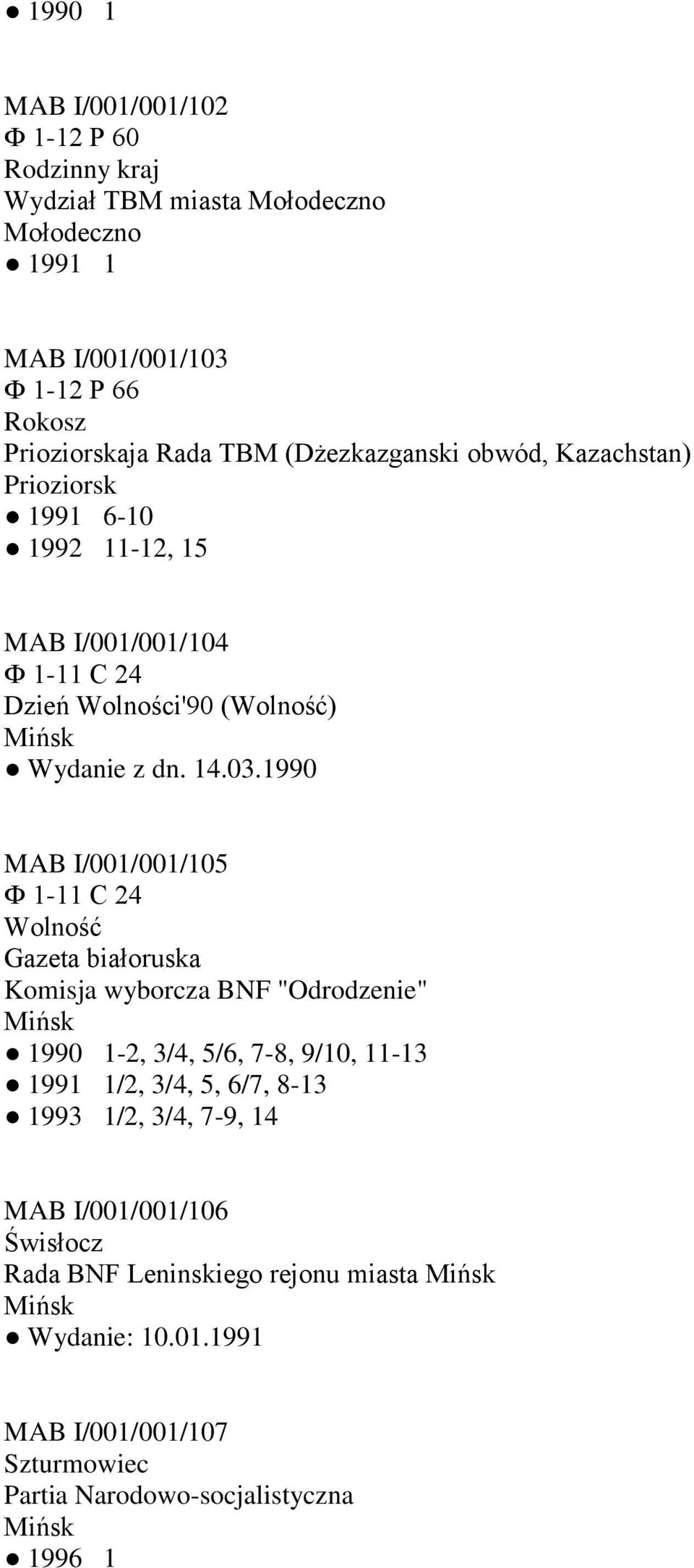 1990 MAB I/001/001/105 Ф 1-11 С 24 Wolność Gazeta białoruska Komisja wyborcza BNF "Odrodzenie" 1990 1-2, 3/4, 5/6, 7-8, 9/10, 11-13 1991 1/2, 3/4, 5, 6/7, 8-13