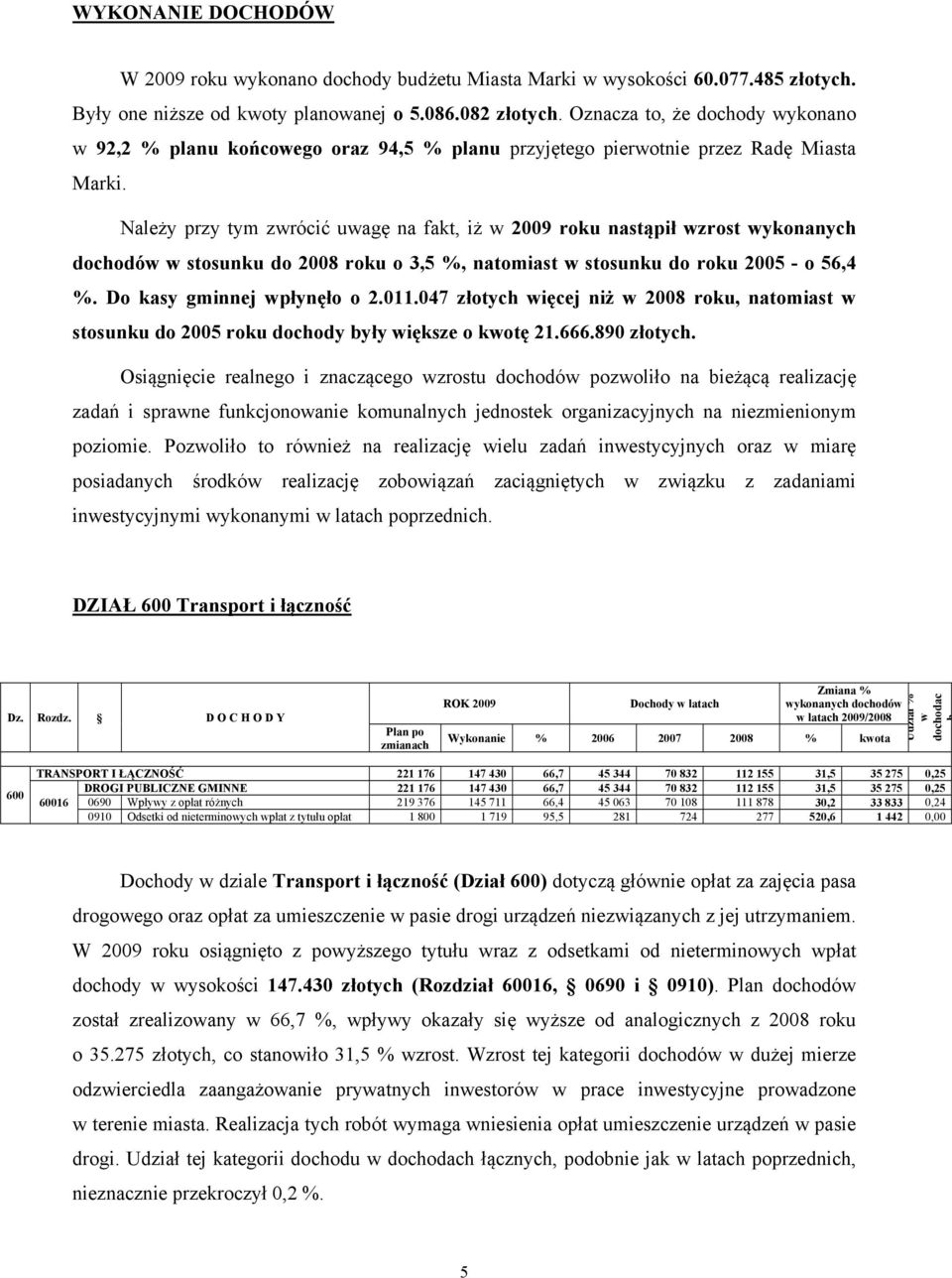 Należy przy tym zwrócić uwagę na fakt, iż w 2009 roku nastąpił wzrost wykonanych dochodów w stosunku do 2008 roku o 3,5 %, natomiast w stosunku do roku 2005 - o 56,4 %. Do kasy gminnej wpłynęło o 2.