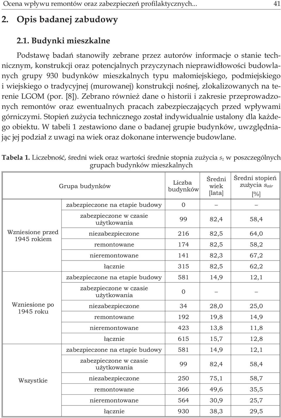 Budynki mieszkalne Podstawê badañ stanowi³y zebrane przez autorów informacje o stanie technicznym, konstrukcji oraz potencjalnych przyczynach nieprawid³owoœci budowlanych grupy 930 budynków