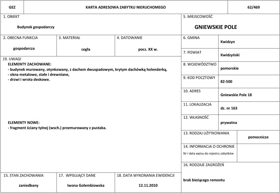 KOD POCZTOWY 10. ADRES 11. LOKALIZACJA Kwidzyn Kwidzyński pomorskie 82-500 Gniewskie Pole 18 dz. nr 163 ELEMENTY NOWE: - fragment ściany tylnej (wsch.) przemurowany z pustaka. 12.