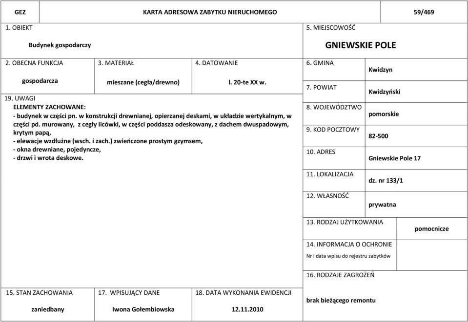 murowany, z cegły licówki, w części poddasza odeskowany, z dachem dwuspadowym, krytym papą, - elewacje wzdłużne (wsch. i zach.