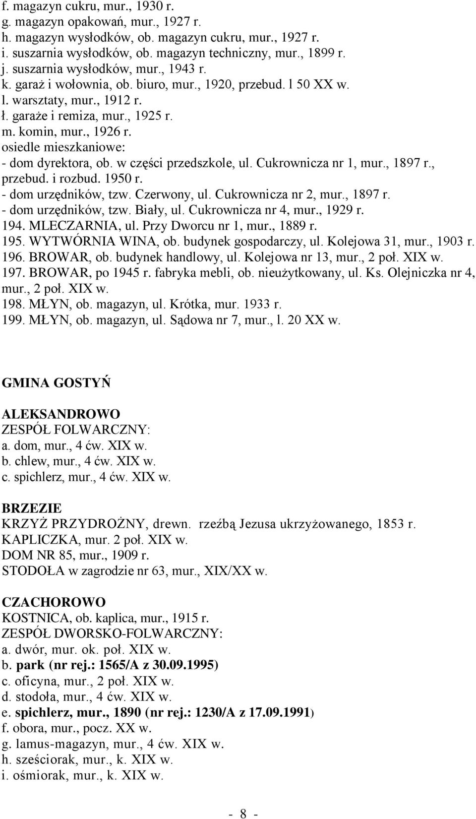 osiedle mieszkaniowe: - dom dyrektora, ob. w części przedszkole, ul. Cukrownicza nr 1, mur., 1897 r., przebud. i rozbud. 1950 r. - dom urzędników, tzw. Czerwony, ul. Cukrownicza nr 2, mur., 1897 r. - dom urzędników, tzw. Biały, ul.