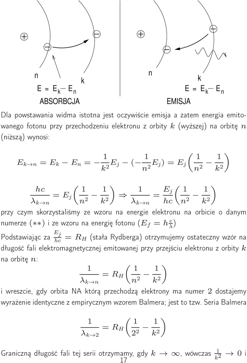 elektronu na orbicie o danym numerze ( ) i ze wzoru na energię fotonu (E f = h c λ ) Podstawiając za E j hc = R H (stała Rydberga) otrzymujemy ostateczny wzór na długość fali elektromagnetycznej