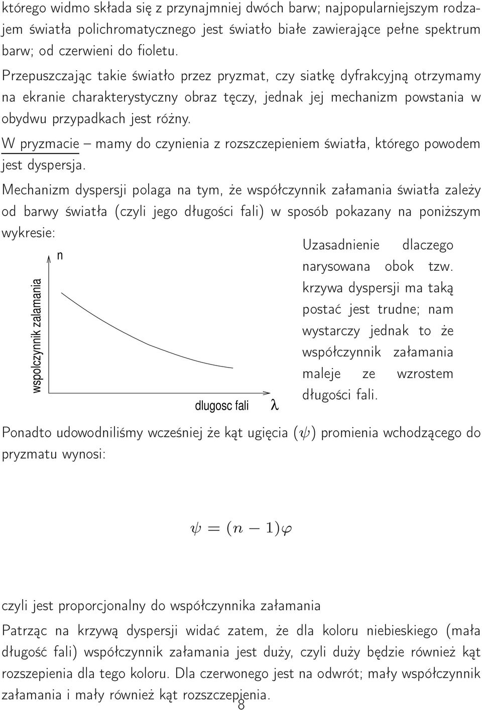 W pryzmacie mamy do czynienia z rozszczepieniem światła, którego powodem jest dyspersja.