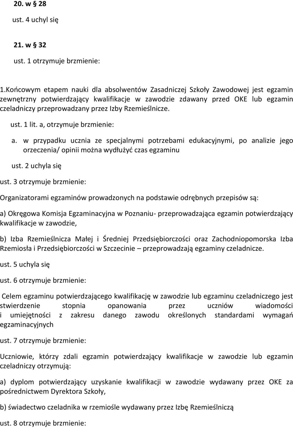 Rzemieślnicze. ust. 1 lit. a, otrzymuje brzmienie: a. w przypadku ucznia ze specjalnymi potrzebami edukacyjnymi, po analizie jego orzeczenia/ opinii można wydłużyć czas egzaminu ust. 2 uchyla się ust.