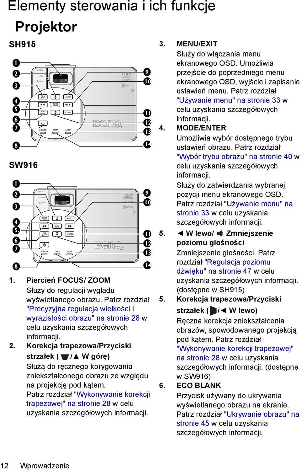 w celu uzyskania szczegółowych informacji. 2. Korekcja trapezowa/przyciski strzałek ( / W górę) Służą do ręcznego korygowania zniekształconego obrazu ze względu na projekcję pod kątem.