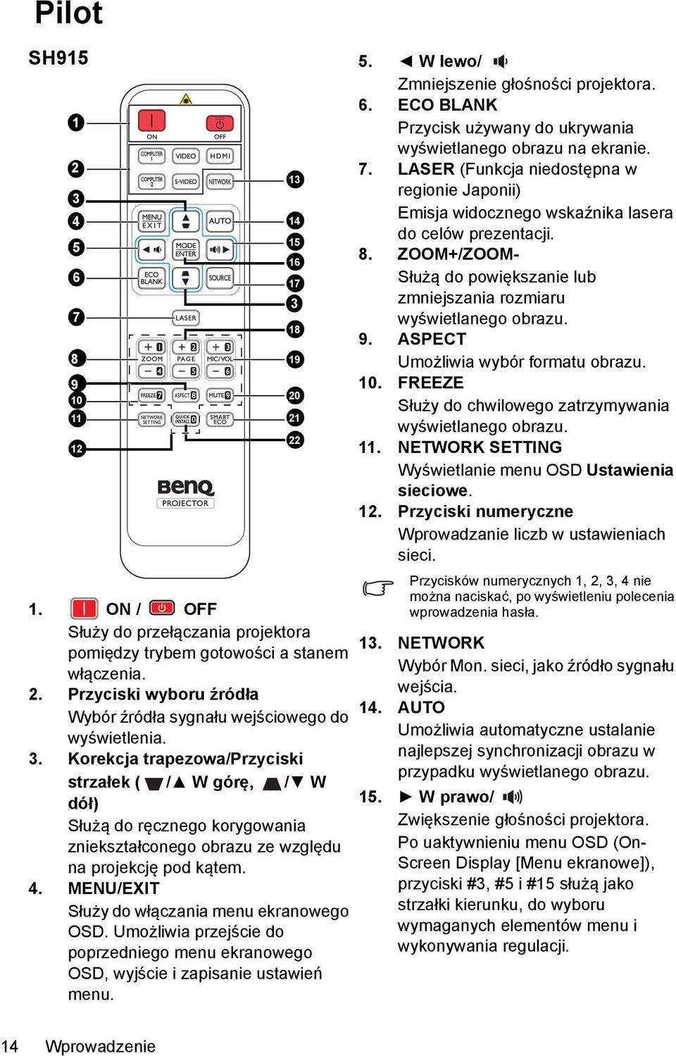 MENU/EXIT Służy do włączania menu ekranowego OSD. Umożliwia przejście do poprzedniego menu ekranowego OSD, wyjście i zapisanie ustawień menu. 13 14 18 19 20 21 22 5.