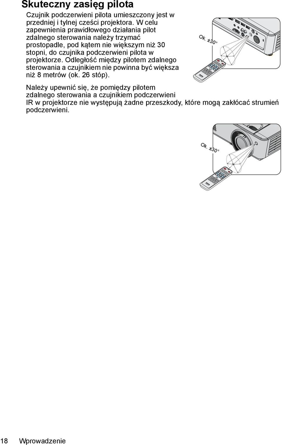 podczerwieni pilota w projektorze. Odległość między pilotem zdalnego sterowania a czujnikiem nie powinna być większa niż 8 metrów (ok. 26 stóp). Ok.