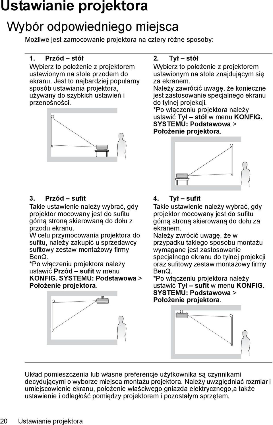 Należy zawrócić uwagę, że konieczne jest zastosowanie specjalnego ekranu do tylnej projekcji. *Po włączeniu projektora należy ustawić Tył stół w menu KONFIG.