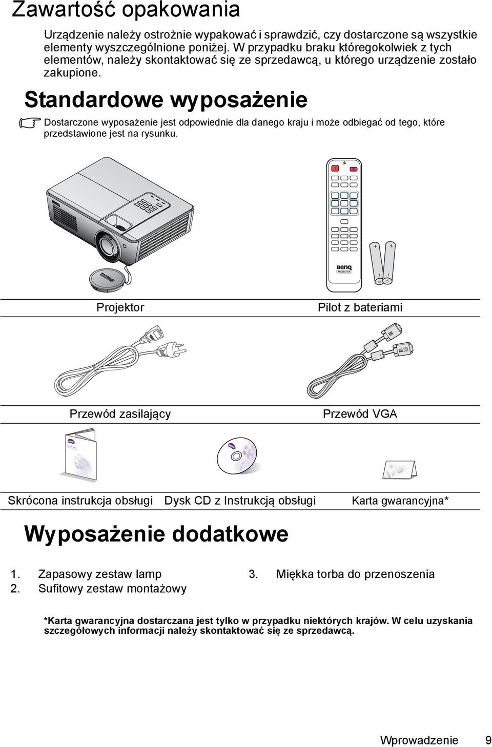 Standardowe wyposażenie Dostarczone wyposażenie jest odpowiednie dla danego kraju i może odbiegać od tego, które przedstawione jest na rysunku.