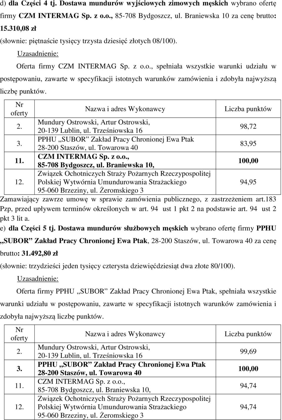 Oferta firmy spełniała wszystkie warunki udziału w postępowaniu, zawarte w specyfikacji istotnych warunków zamówienia i zdobyła najwyższą liczbę punktów. 2.