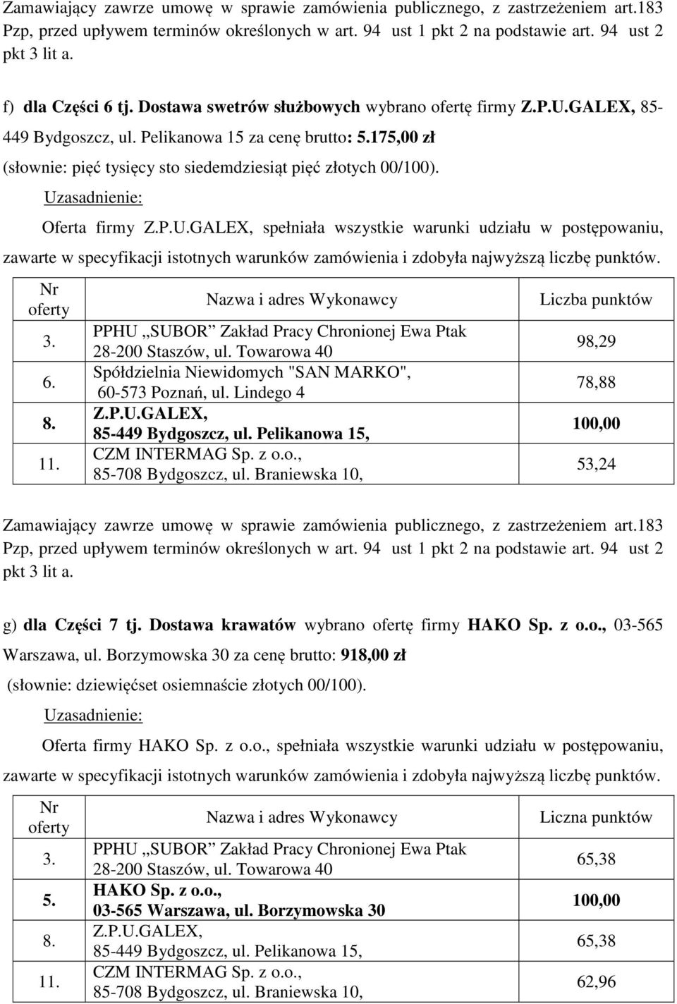 Pelikanowa 15, 98,29 78,88 53,24 g) dla Części 7 tj. Dostawa krawatów wybrano ofertę firmy HAKO Sp. z o.o., 03-565 Warszawa, ul.