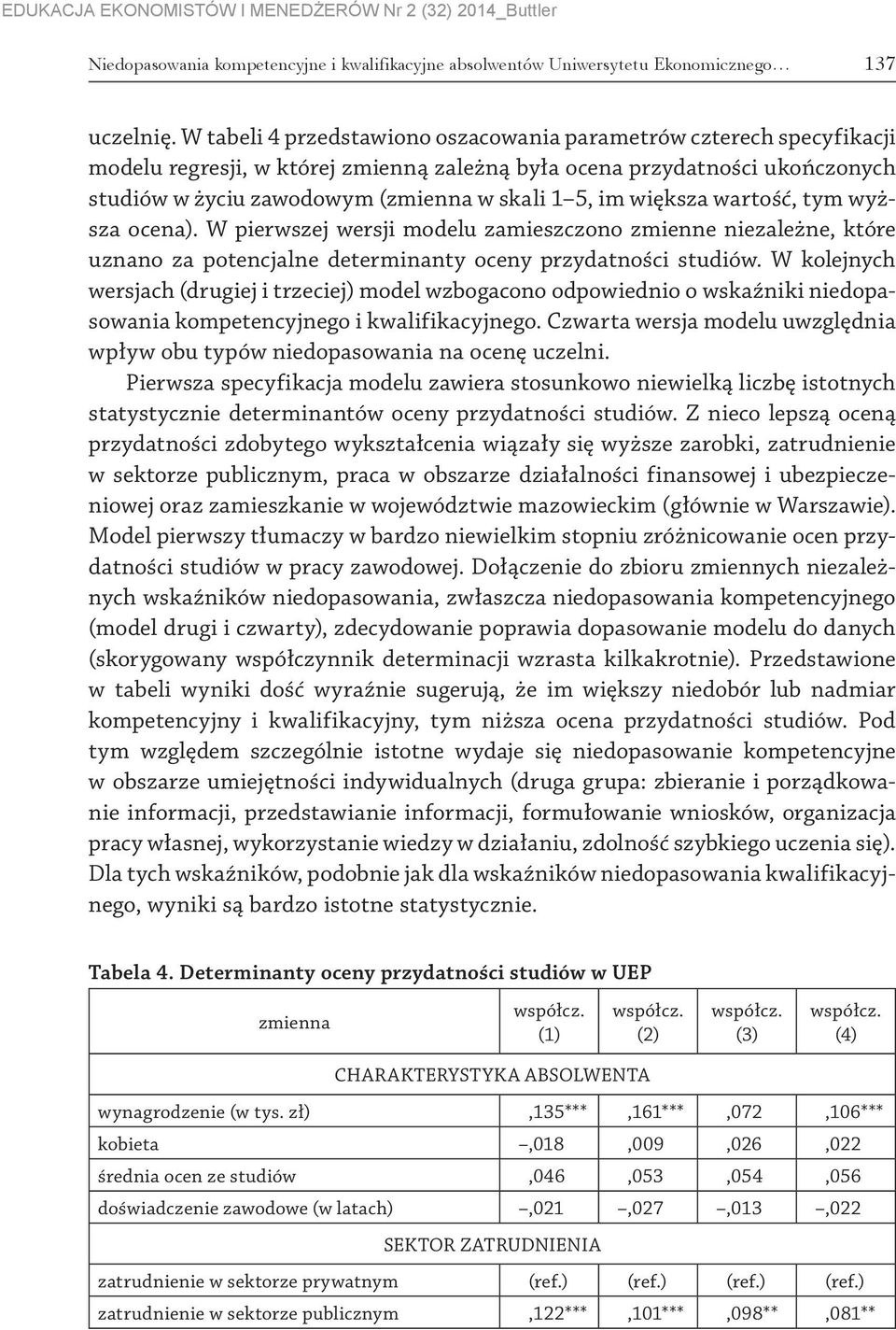 większa wartość, tym wyższa ocena). W pierwszej wersji modelu zamieszczono zmienne niezależne, które uznano za potencjalne determinanty oceny przydatności studiów.