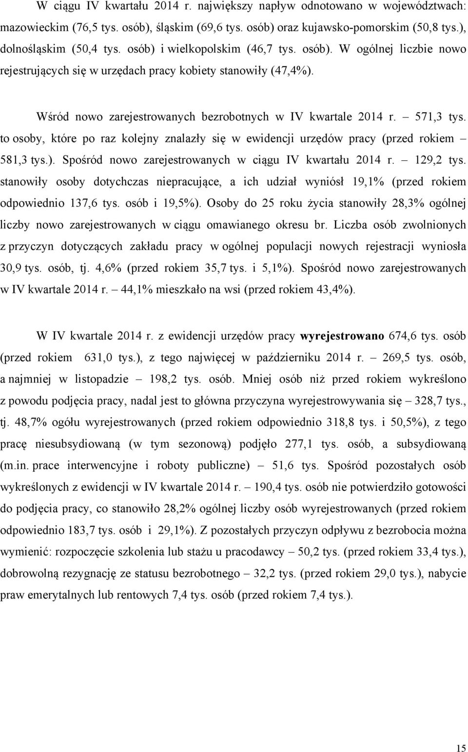 to osoby, które po rz kolejny znlzły się w ewidencji urzędów prcy (przed rokiem 581,3 tys.). Spośród nowo zrejestrownych w ciągu IV kwrtłu 2014 r. 129,2 tys.