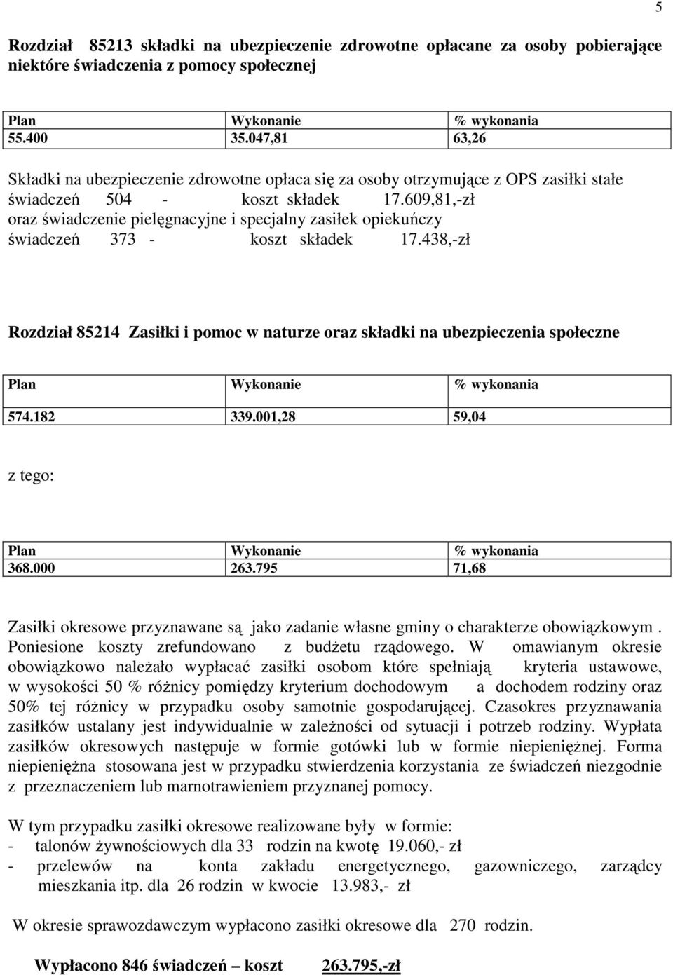 609,81,zł oraz świadczenie pielęgnacyjne i specjalny zasiłek opiekuńczy świadczeń 373 koszt składek 17.438,zł Rozdział 85214 Zasiłki i pomoc w naturze oraz składki na ubezpieczenia społeczne 574.