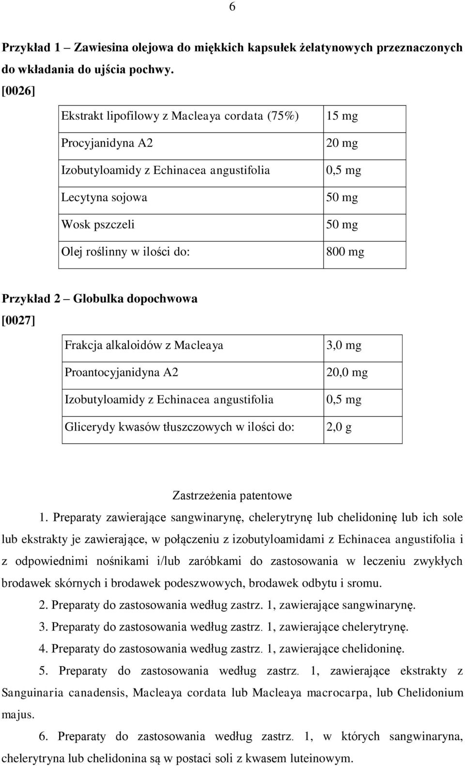 800 mg Przykład 2 Globulka dopochwowa [0027] Frakcja alkaloidów z Macleaya Proantocyjanidyna A2 Izobutyloamidy z Echinacea angustifolia Glicerydy kwasów tłuszczowych w ilości do: 3,0 mg 20,0 mg 0,5