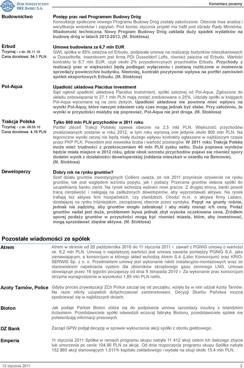 Nowy Program Budowy Dróg zakłada duŝy spadek wydatków na budowę dróg w latach 2012-2013. (M.