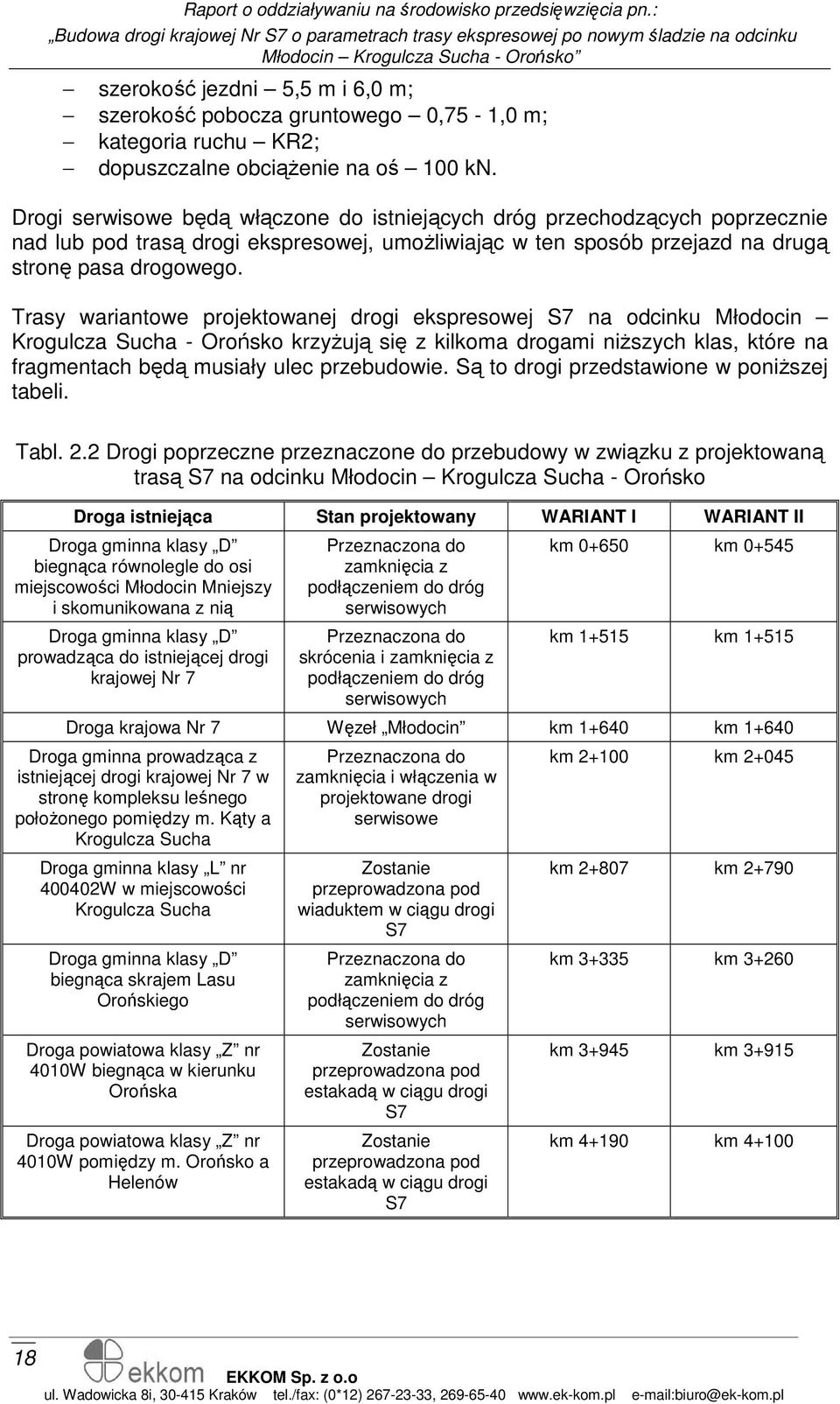 Trasy wariantowe projektowanej drogi ekspresowej S7 na odcinku Młodocin Krogulcza Sucha - Orońsko krzyŝują się z kilkoma drogami niŝszych klas, które na fragmentach będą musiały ulec przebudowie.