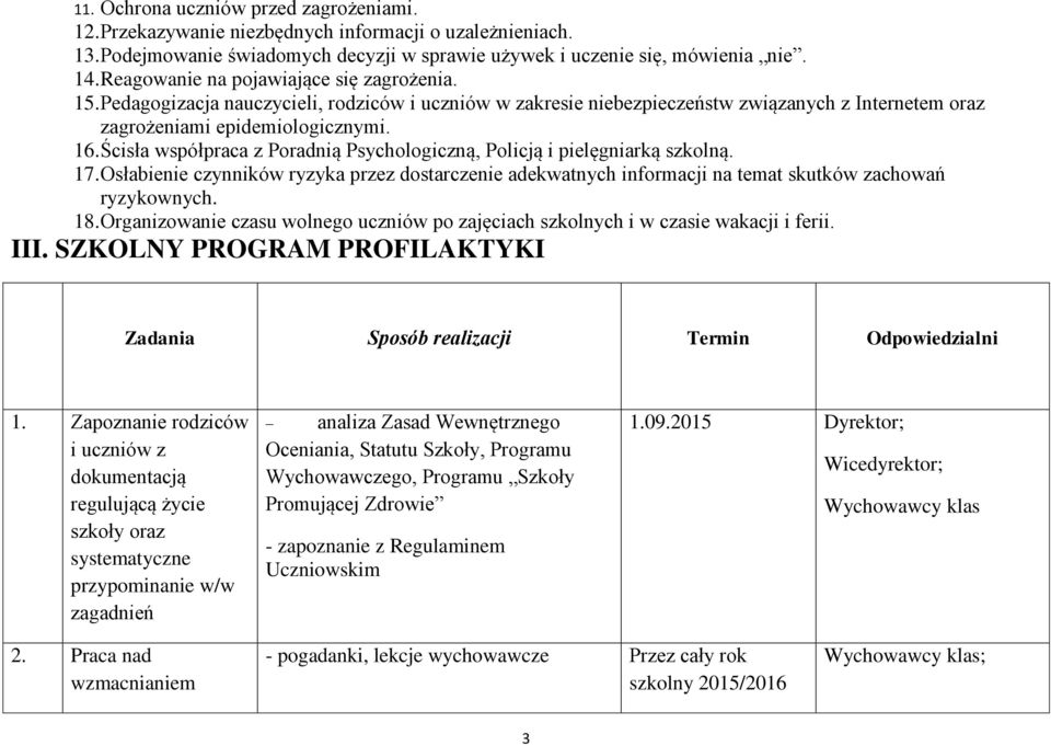 Ścisła współpraca z Poradnią Psychologiczną, Policją i pielęgniarką szkolną. 17. Osłabienie czynników ryzyka przez dostarczenie adekwatnych informacji na temat skutków zachowań ryzykownych. 18.