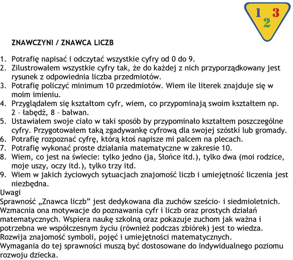 Wiem ile literek znajduje się w moim imieniu. 4. Przyglądałem się kształtom cyfr, wiem, co przypominają swoim kształtem np. 2 łabędź, 8 bałwan. 5.