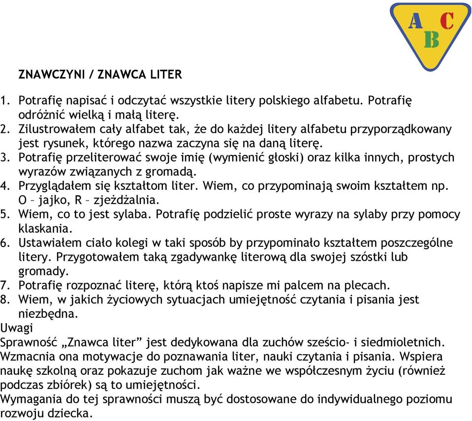 Potrafię przeliterować swoje imię (wymienić głoski) oraz kilka innych, prostych wyrazów związanych z gromadą. 4. Przyglądałem się kształtom liter. Wiem, co przypominają swoim kształtem np.