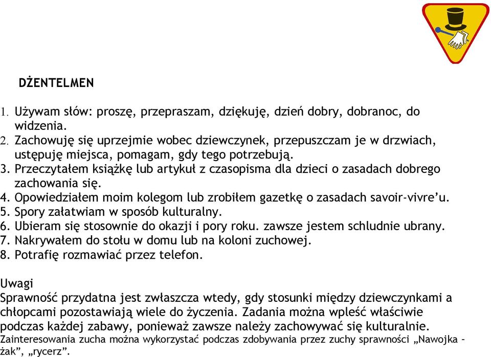 Przeczytałem książkę lub artykuł z czasopisma dla dzieci o zasadach dobrego zachowania się. 4. Opowiedziałem moim kolegom lub zrobiłem gazetkę o zasadach savoir-vivre u. 5.