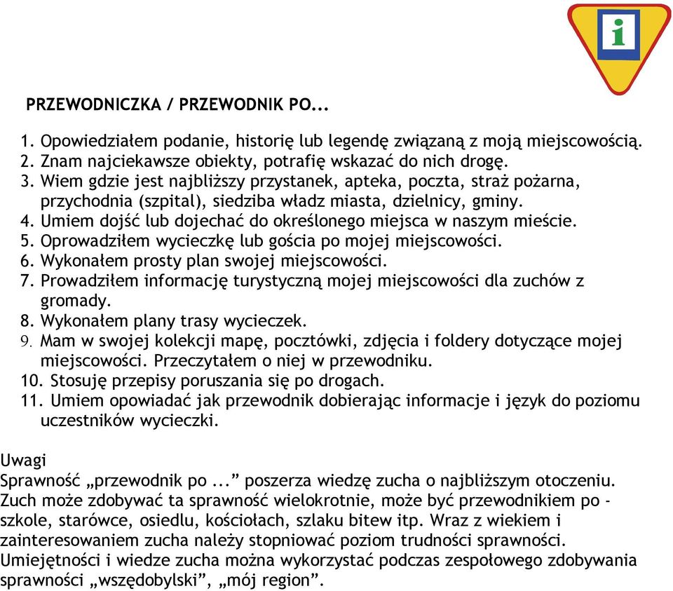 Umiem dojść lub dojechać do określonego miejsca w naszym mieście. 5. Oprowadziłem wycieczkę lub gościa po mojej miejscowości. 6. Wykonałem prosty plan swojej miejscowości. 7.