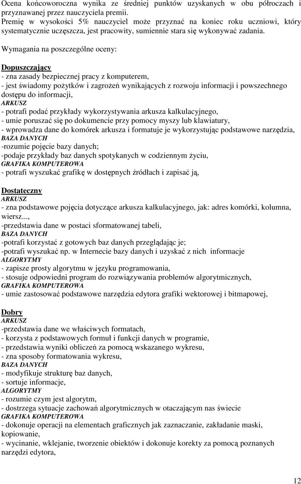 Wymagania na poszczególne oceny: Dopuszczający - zna zasady bezpiecznej pracy z komputerem, - jest świadomy pożytków i zagrożeń wynikających z rozwoju informacji i powszechnego dostępu do informacji,