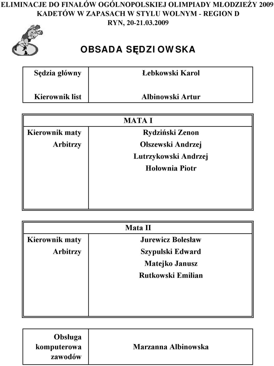 .29 OBSADA SĘDZIOWSKA Sędzia główny Kierownik list Kierownik maty Arbitrzy MATA I Rydziński Zenon