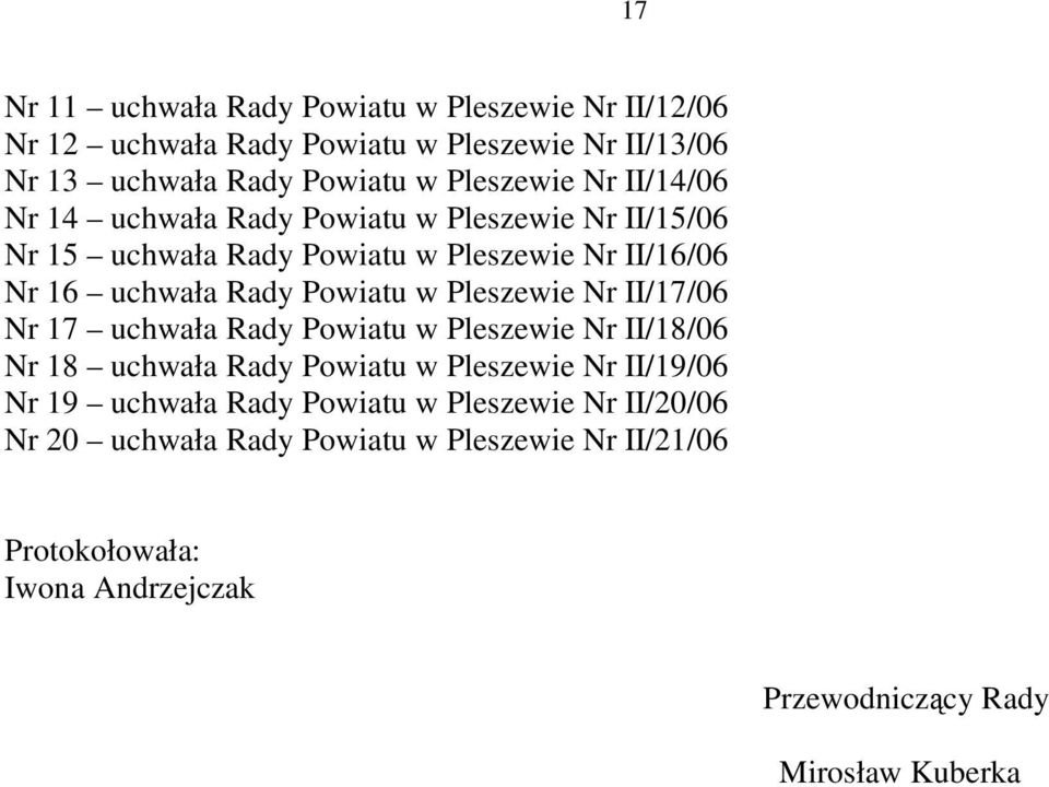 Pleszewie Nr II/17/06 Nr 17 uchwała Rady Powiatu w Pleszewie Nr II/18/06 Nr 18 uchwała Rady Powiatu w Pleszewie Nr II/19/06 Nr 19 uchwała Rady