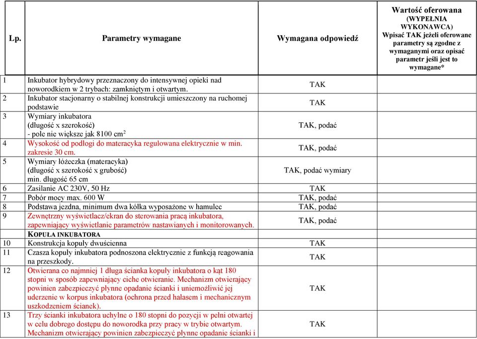 regulowana elektrycznie w min. zakresie 30 cm., podać 5 Wymiary łóżeczka (materacyka) (długość x szerokość x grubość), podać wymiary min. długość 65 cm 6 Zasilanie AC 230V, 50 Hz 7 Pobór mocy max.